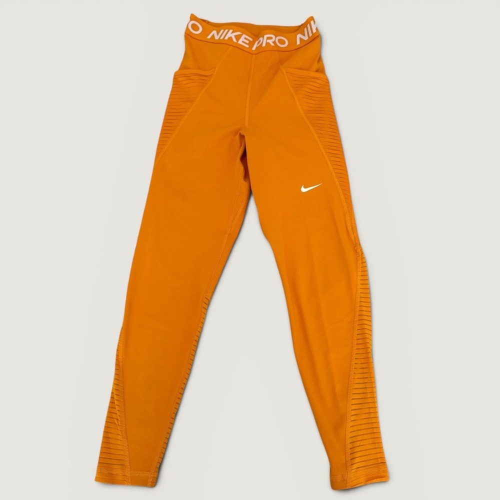 Nike Pro Dri-FIT Womens Orange Ribbed High Waist Leggings XS DM6936-738 Gym Run